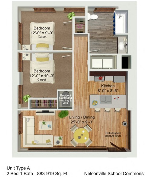 Floor plan for 2 beds, 1 bath, 1074 sqft